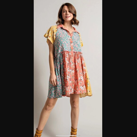 Easel LARGE Floral Patchwork Colorblock Shirt Dress Loose Fit Flowy Rayon - Picture 11 of 11